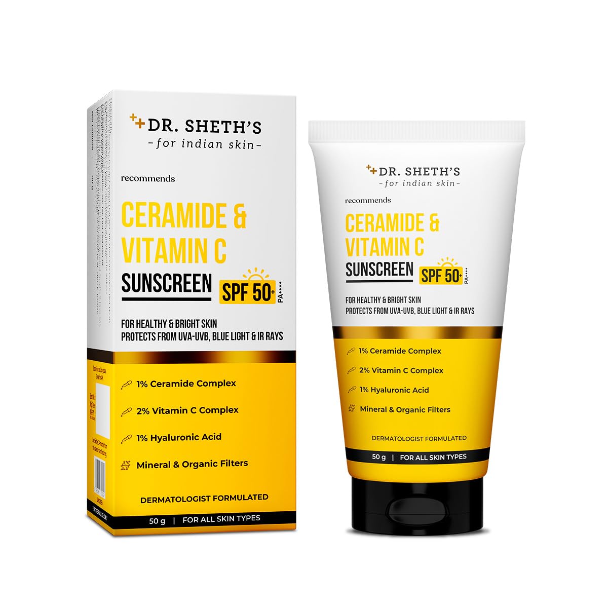 Ceramide & Vitamin C Sunscreen | In-Vivo Tested | Protects, Moisturizes & Brightens Skin | SPF 50+ PA++++ | Lightweight, Leaves No White Cast | 50 g