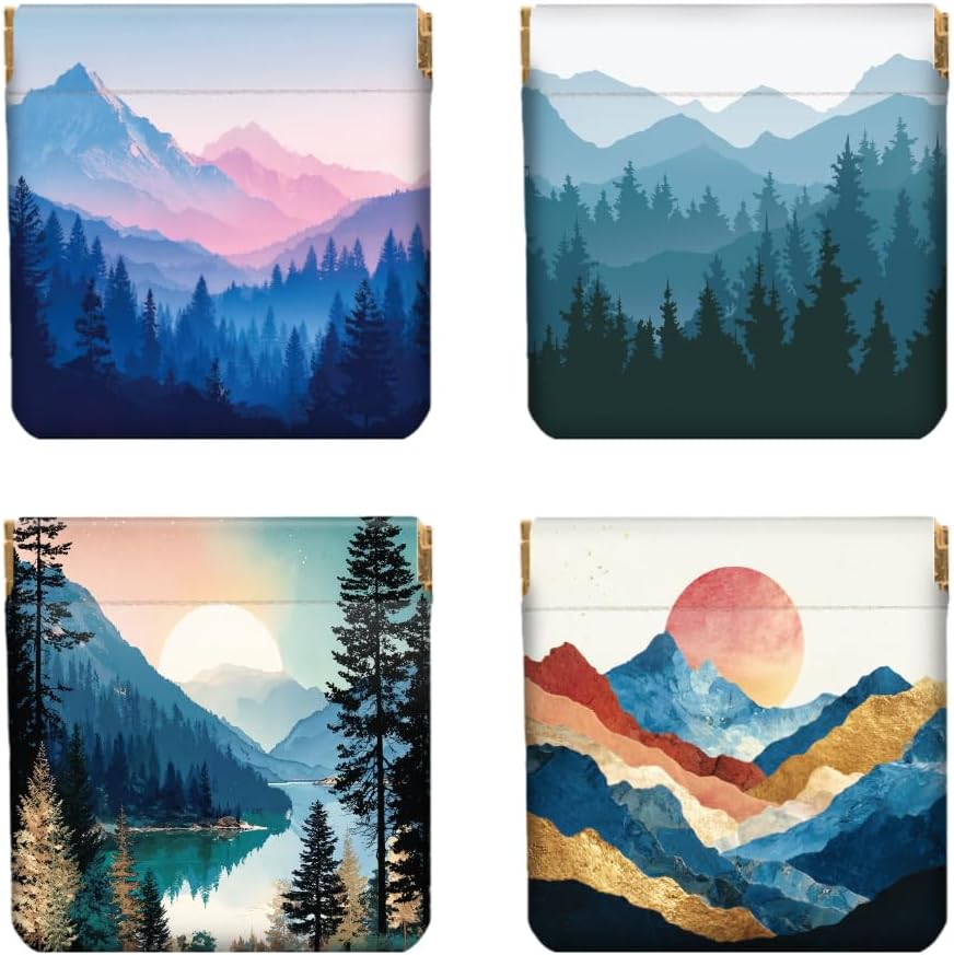 Peacoblue 4Pcs Small Leather Squeeze Coin Purse for Women-Simple Scenery Pattern Waterproof & Durable Snap Closure Change Pouch Mini Money Wallet Bag for Adult Teen Girls Best Gift