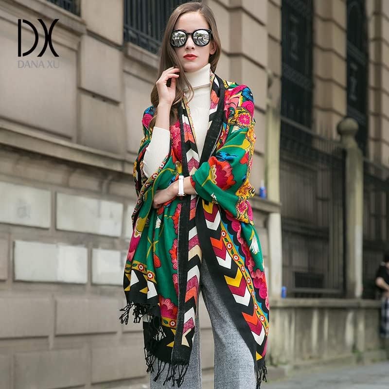 DANA XU 100% Merino Wool Pashmina Shawl for Women 96"x43", Oversized Cashmere Wrap with Tassels, Floral Travel Blanket Cape - Image 9