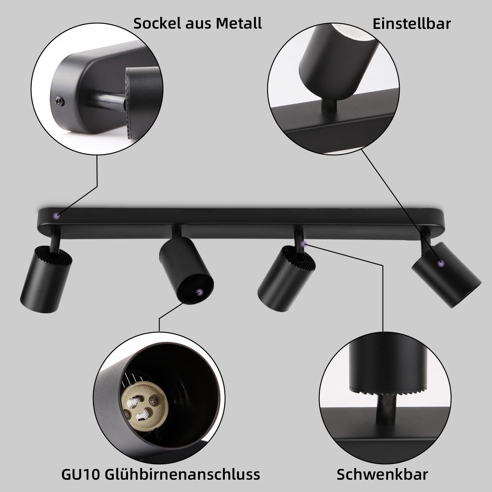 CANMEIJIA Plafonnier Noir 4 Spots, Plafonnier Spot Led Orientable Luminaire GU10, Spot Orientable, Rotation De 350°, Barre droite rail luminaire, Sans Ampoules, Pour Cuisine