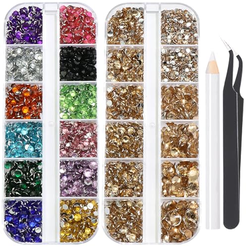 Resin Rhinestones for Crafting Bedazzling,Colorful Rhinestones for Nails Art+Champagne Gold Nail Rhinestone and Gems,Nail Diamond Flatback Gems Crystals Charms for Nail Design DIY Makeup Decor