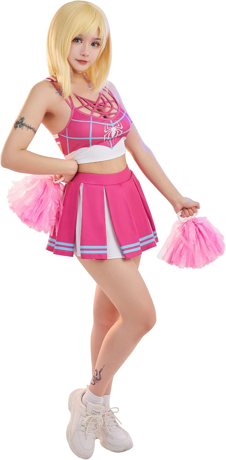 Miccostumes Disfraz de animadora rosa para mujer, camiseta corta y falda con pompones