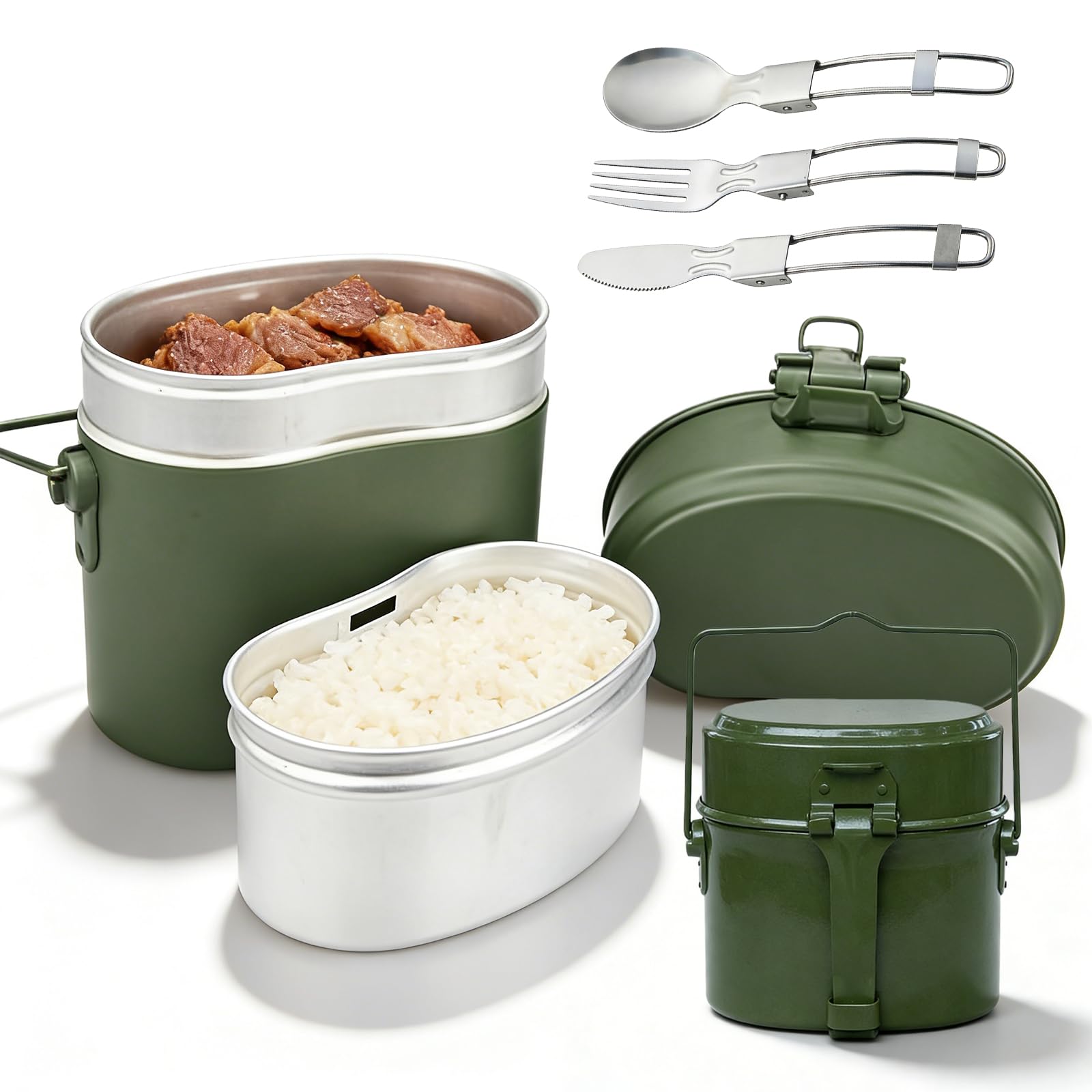 Bundeswehr - Set di stoviglie da campeggio, 1,8 l, resistenti al calore, in alluminio, con coltello pieghevole, forchetta e cucchiaio, per escursioni e campeggio