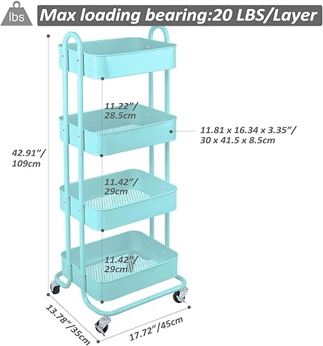 Miniatura 7 de Estante organizador de almacenamiento de 4 niveles de malla metálica con ruedas bloqueables para sala de estar, cocina, oficina, turquesa