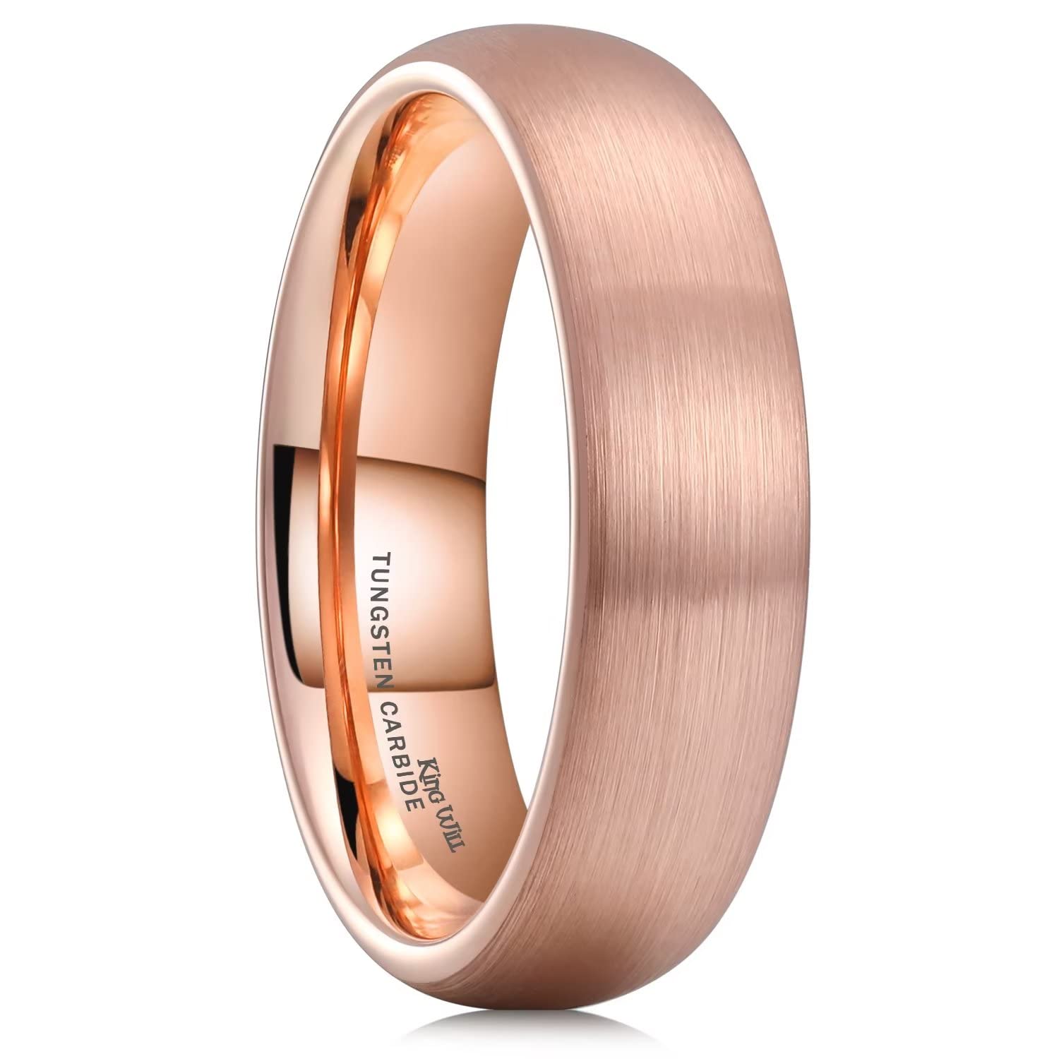 King WillGlory 14K Gold/Rose Gold 4mm 6mm 8mm Tungsten Carbide Ring Dome Matte Brushed Wedding Band Domed Brushed Men’s Ring Comfort Fit for Men Women