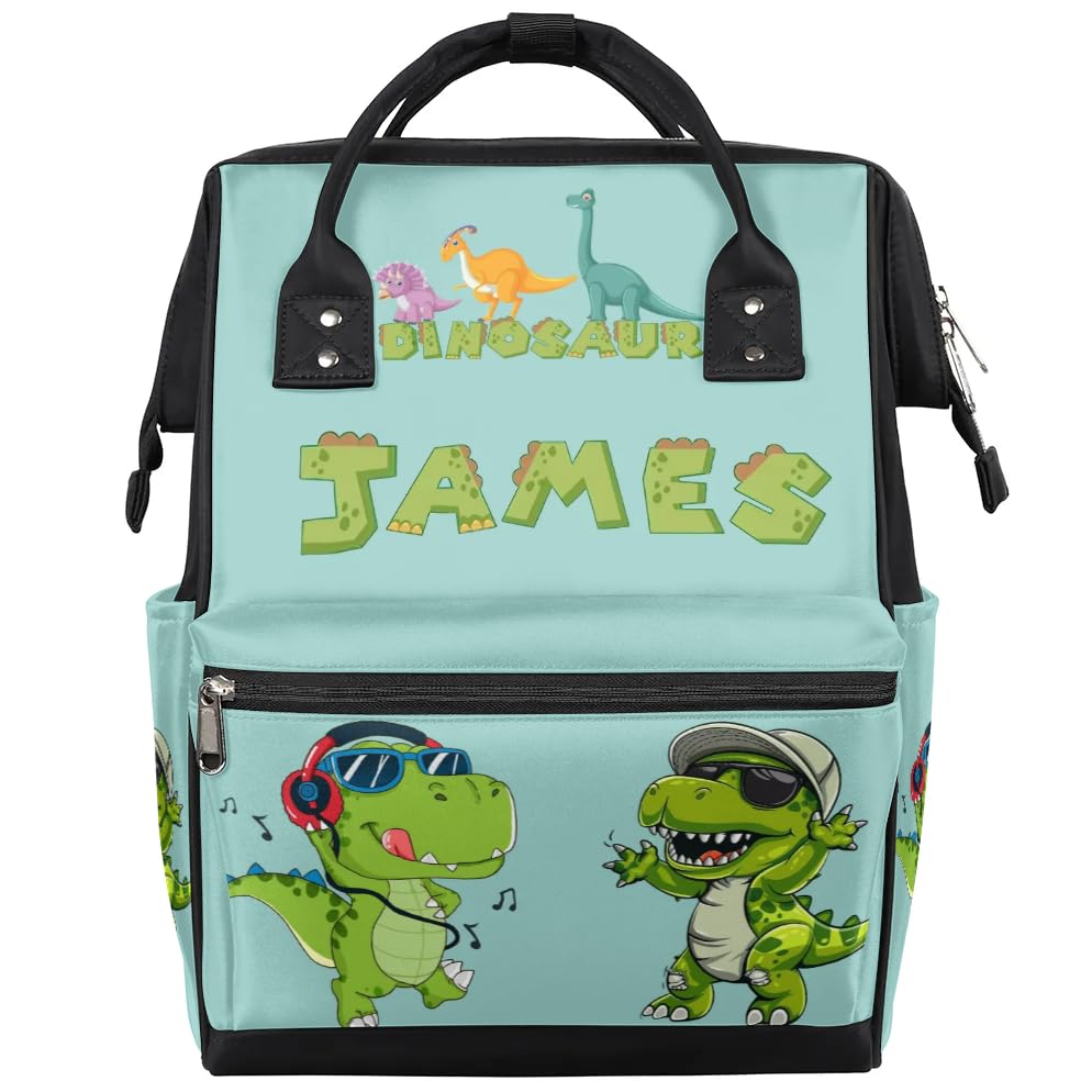 Image of Personalized Baby Boy Diaper Bag Backpack Cute Large Nappy Backpack Mommy Bags, Waterproof Travel Daypack for Dad Mom Gifts Music Dinosaur Diaper Backpack for Boys