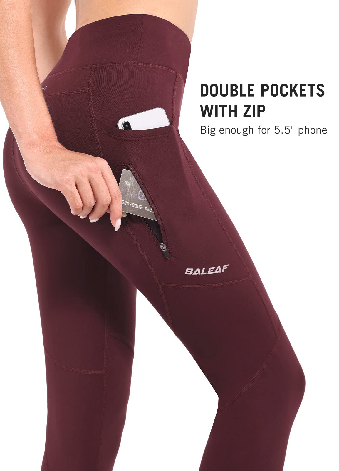 baleaf Legging doublé en polaire pour femme - Résistant à l'eau - Collants de course à pied - Pantalon de randonnée par temps froid - Poches zippées