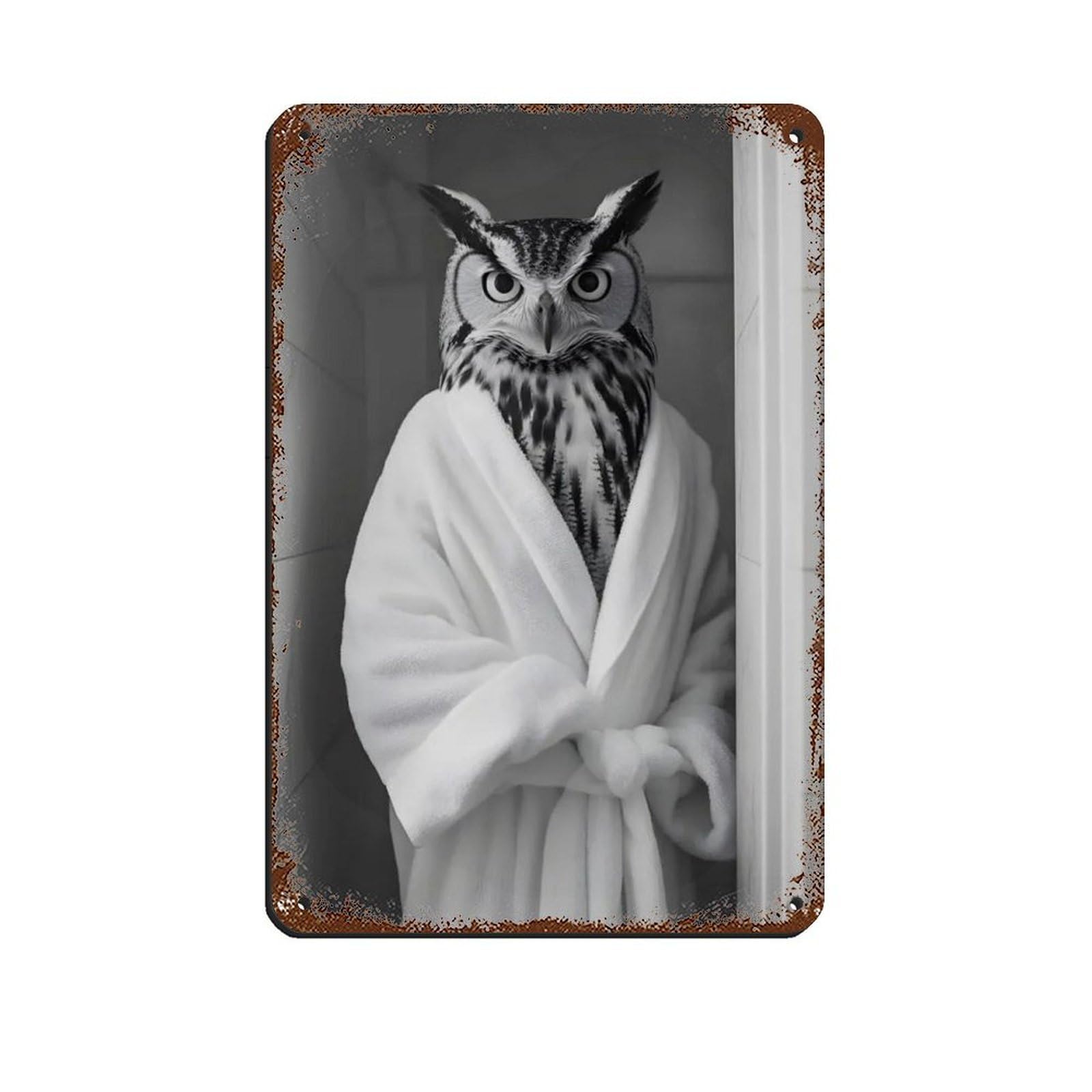 Owl Wearing A Bathrobe, Funny Bathroom Art Tin Sign Vintage Metal Pub Club Cafe Bar Home Wall Art Decoration Poster Retro 8x12inch(20x30cm)