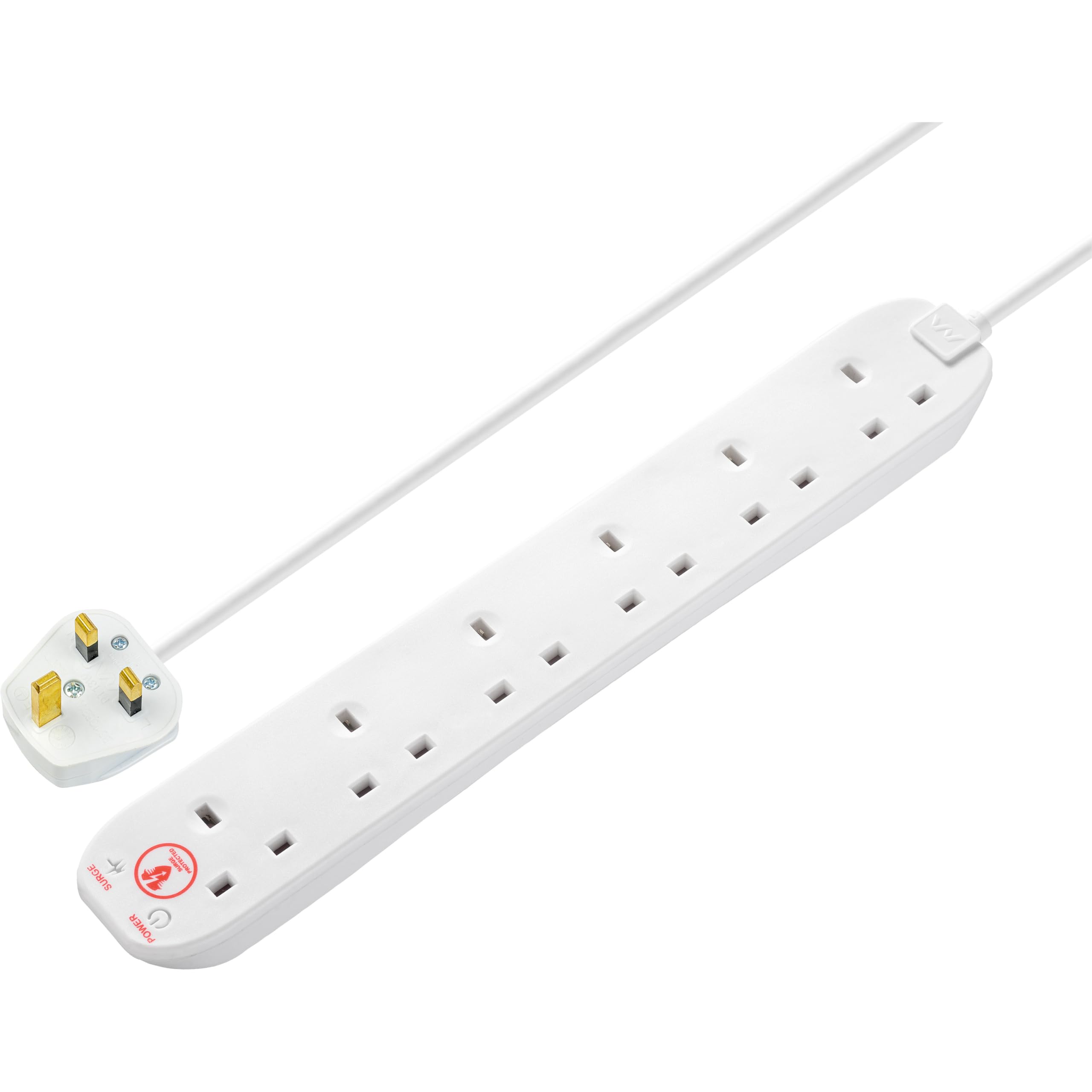 Masterplug Six Socket Extension Lead, 2 Metre Cable, Surge Protection, Power and Surge LED Indicators, Unswitched, 6 Way Plug Extension Cable, Power Strip, White, 13A, 6G, 2m, SRG6210N
