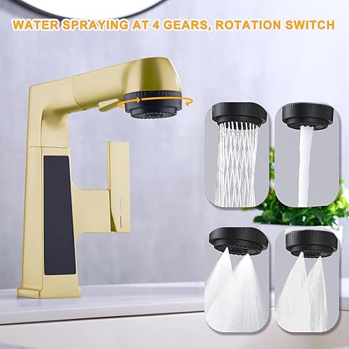 Miniatura 5 de Qeemee Grifo de Baño LED con Grifo de Salida Extraíble, Grifo de Fregadero de Oro Cepillado con Pantalla Digital de Temperatura, Grifo de Lavabo de