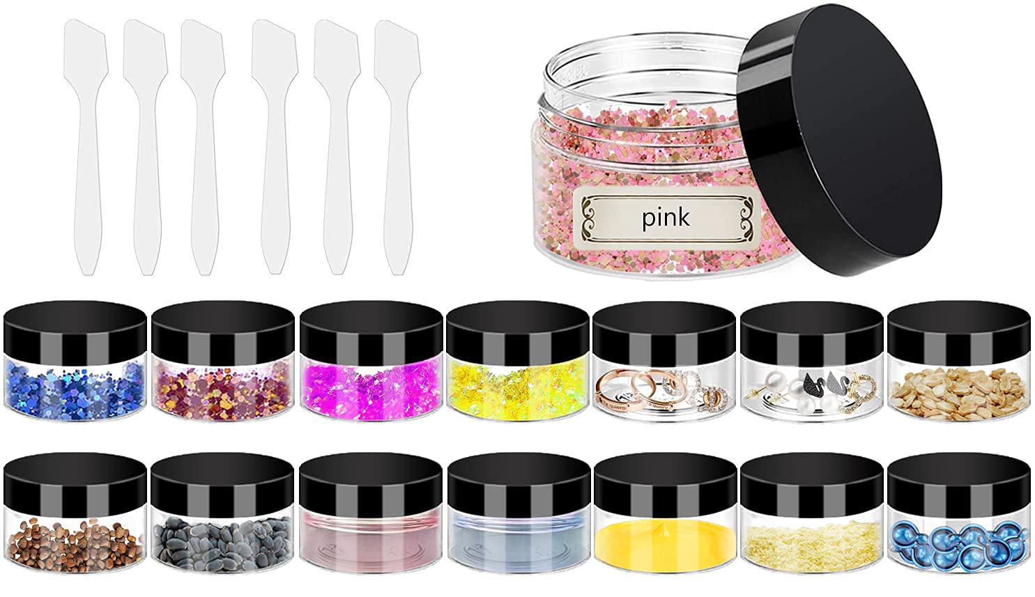 DELFINO Plastic Makeup Cosmetic Jars, 12pcs 15ml Column Refillable Travel Empty Clear Sample Container Pots Bottles with Black Screw-on Lids and 6pcs Mini Spatulas for Creams/Powder/Make Up Cosmetic