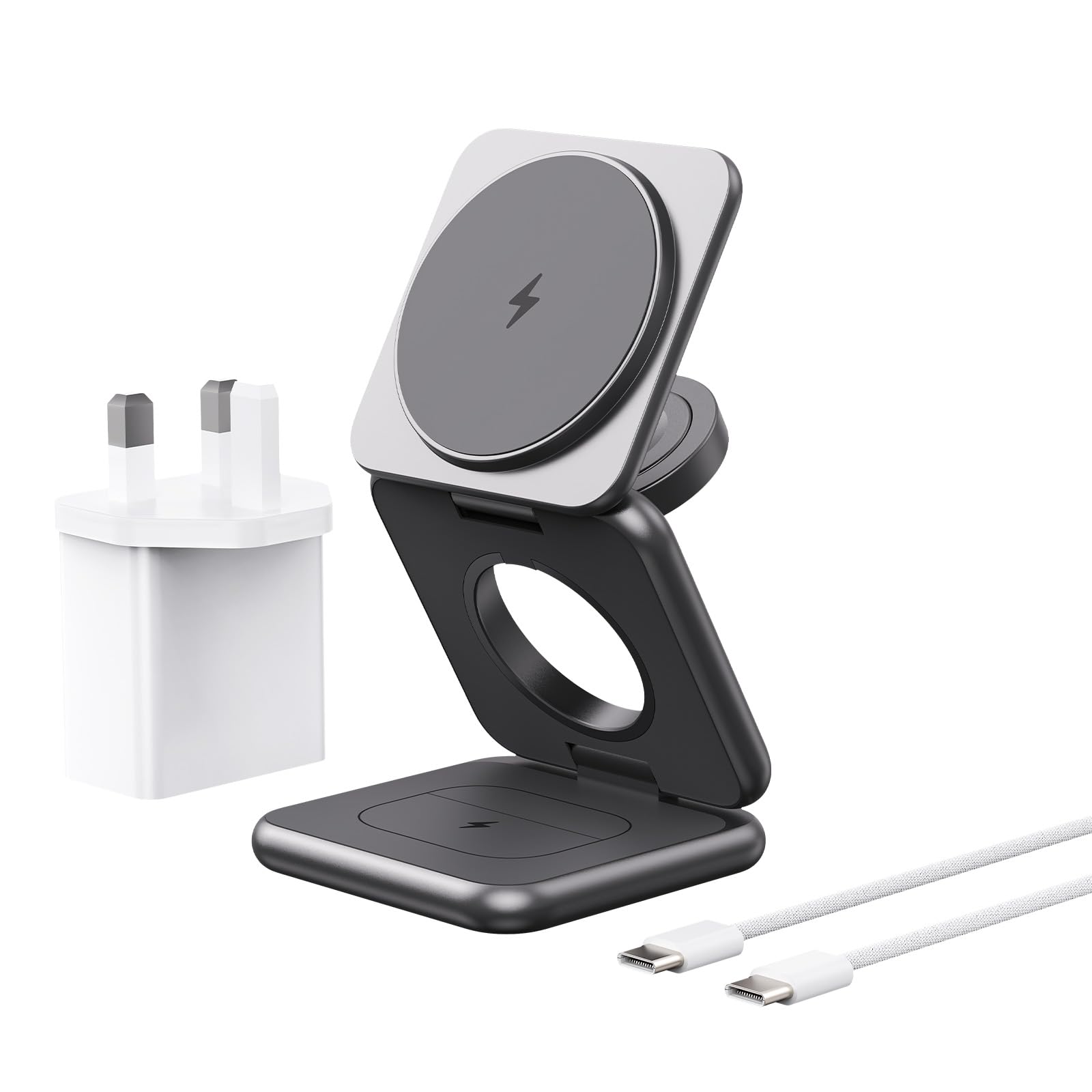 Alilong3 in 1 Wireless Charging Station, MagSafe Charger Compatible [Zinc Alloy] Foldable Travel Fast Charging Station Stand for Apple Devices iPhone 16 15 Apple Watch AirPods (Adapter Included)