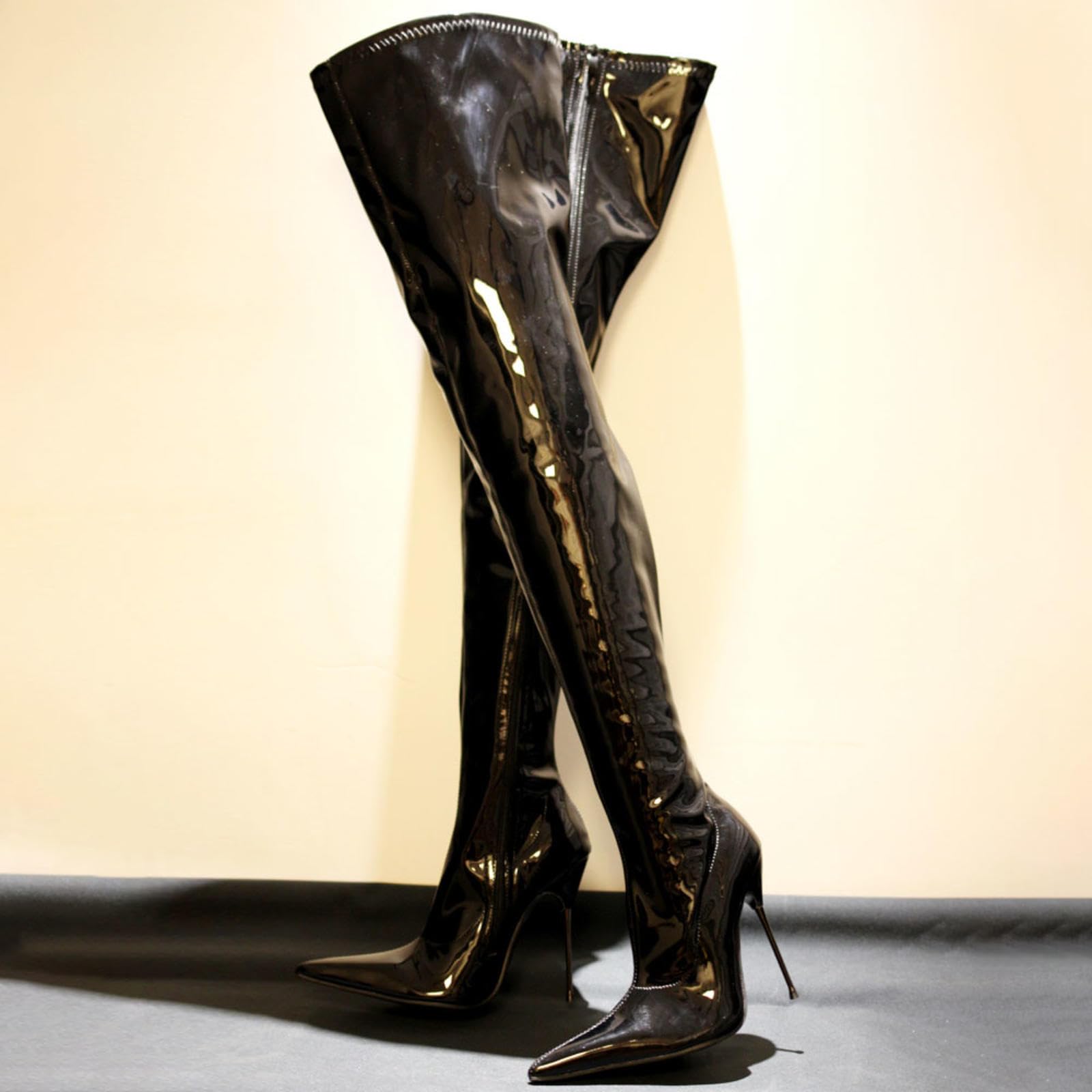 Tacchi Donna Tacchi Alti 13cm Stivali al Ginocchio in Vernice Tacco fine,Black-45