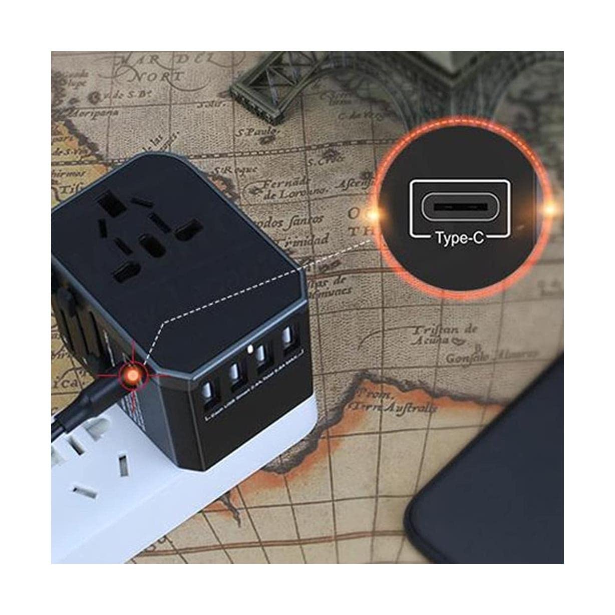 Adaptador de Corriente Internacional Universal con 4 adaptadores de enchufes de Salida de CA en Todo el Mundo USB para Europa, Reino Unido, EE. UU., AU, Asia