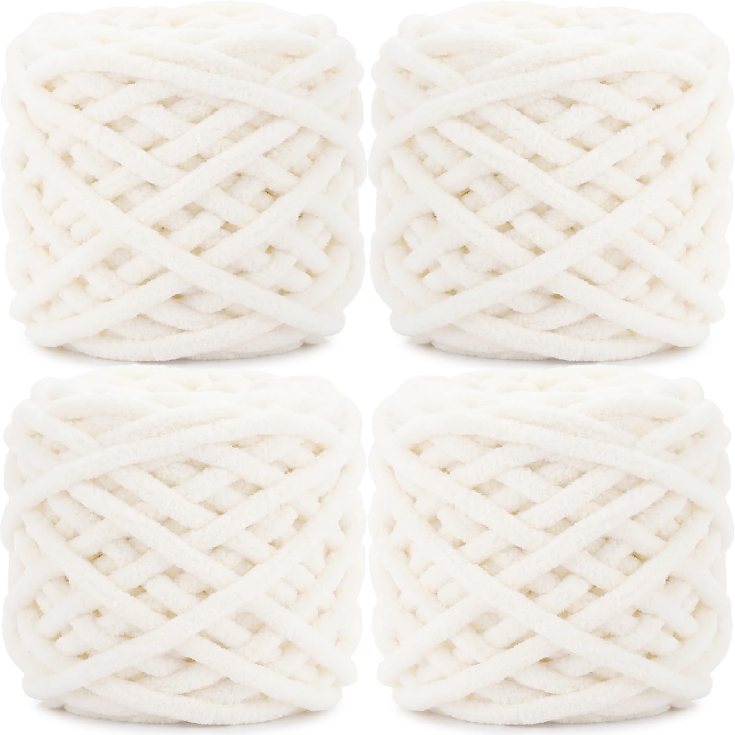 Cnwinu 4 Pack Chunky Yarn,Chunky Wool for Knitting 100g Balls,Multi-Colored Soft Chenille Yarn,Knitting Wool for Knitting&Crocheting Blanket,Cushion,Pet Beds,Bags,Hats,Scarves (Milk White)