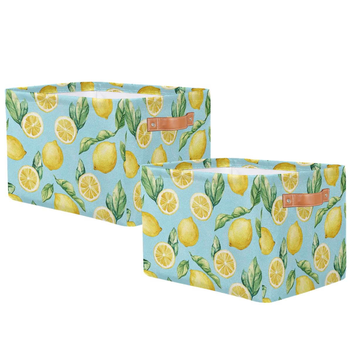 Mexpekil Cesta de almacenamiento de juguetes para niños, plegable, con hojas de limones amarillos, organizador de tela para estantes, cesta de regalo grande con asas, 2 unidades