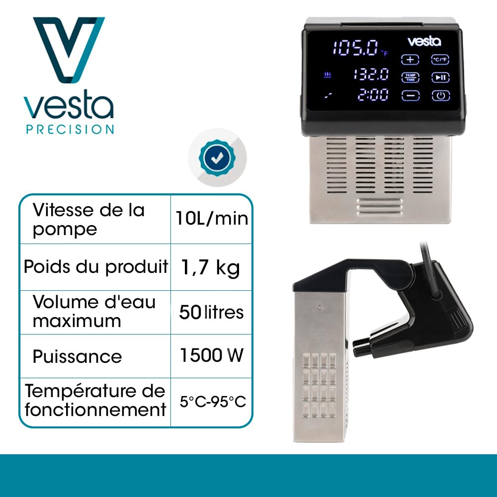 Vesta Precision Thermocirculateur à Immersion SV91 Imersa Pro pour Cuisine basse Température avec App de Contrôle compatible avec les Réservoirs d'eau ≤50L | Conception Pliable Couleur Noire