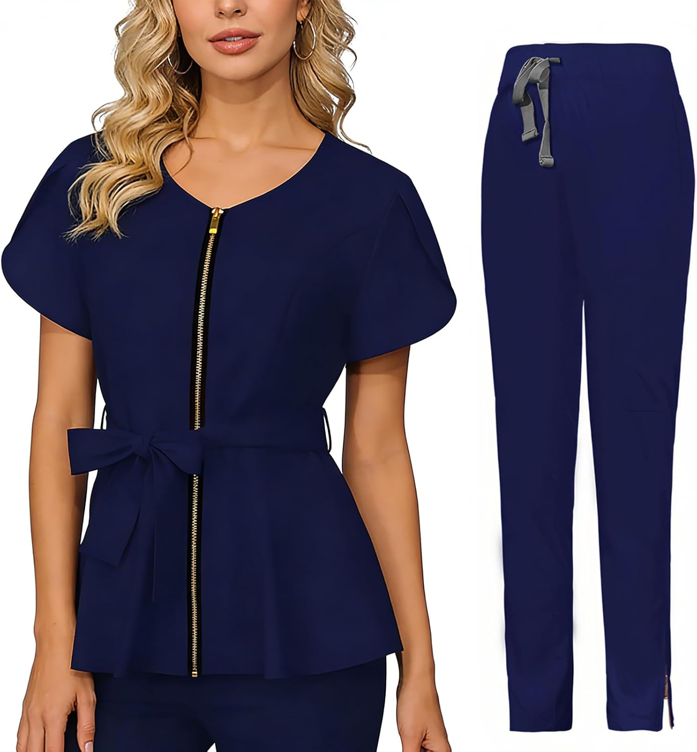 Nurse Scrubs for Women V Neck Blouse Tunic Scrub Set Workwear Uniform Stretch Nursing Jogger Pants Belt
