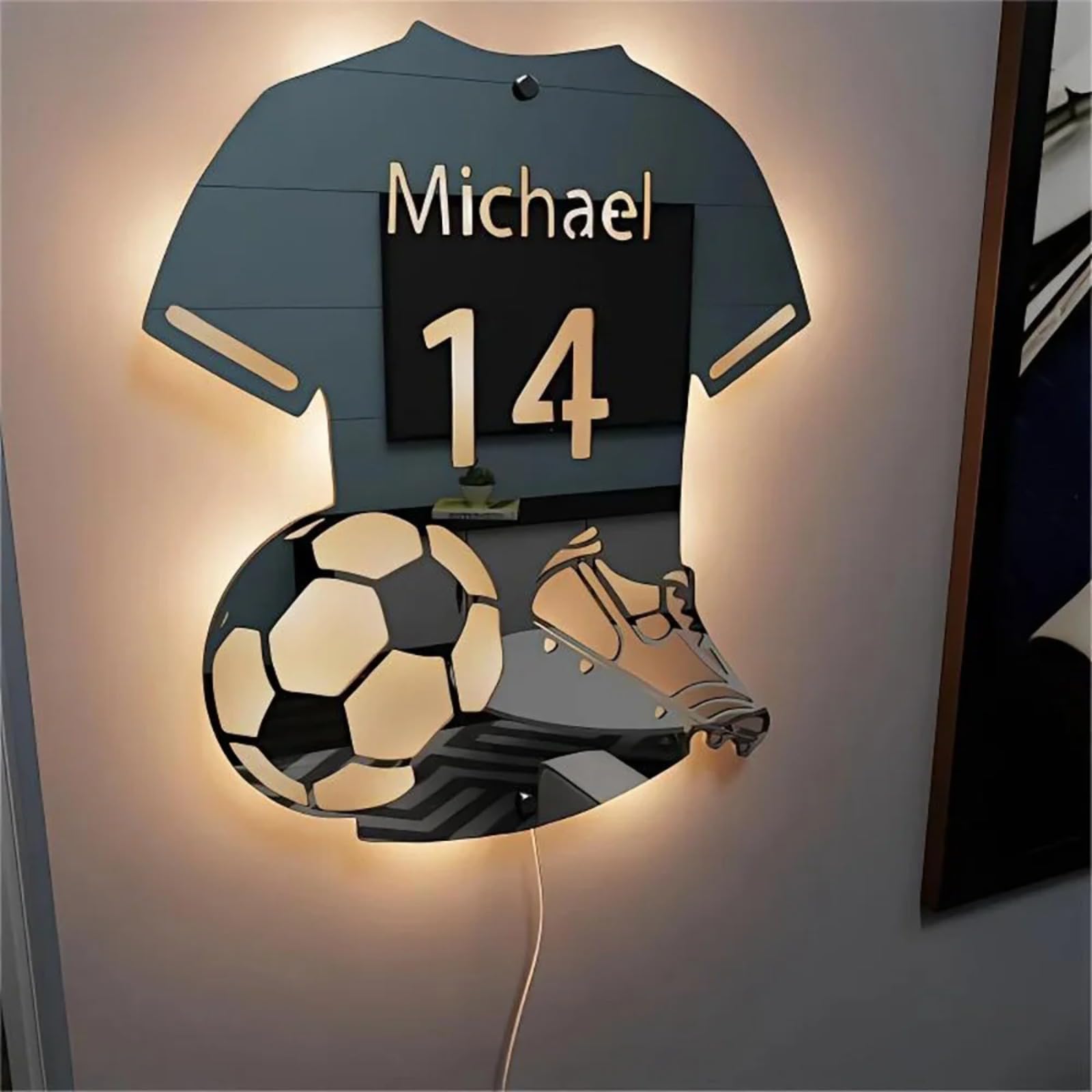 Luz de espejo de camiseta de fútbol personalizada, decoración de fútbol, letrero de neón personalizado, luz nocturna, habitación de los niños, multicolor, acrílico y silicona, 37 x 42 cm