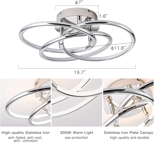 Miniatura 4 de Lámpara de techo LED, colgante moderno de 19.7 pulgadas, lámpara de techo LED ajustable de 3 anillos para dormitorio, sala de estar, comedor, cocina