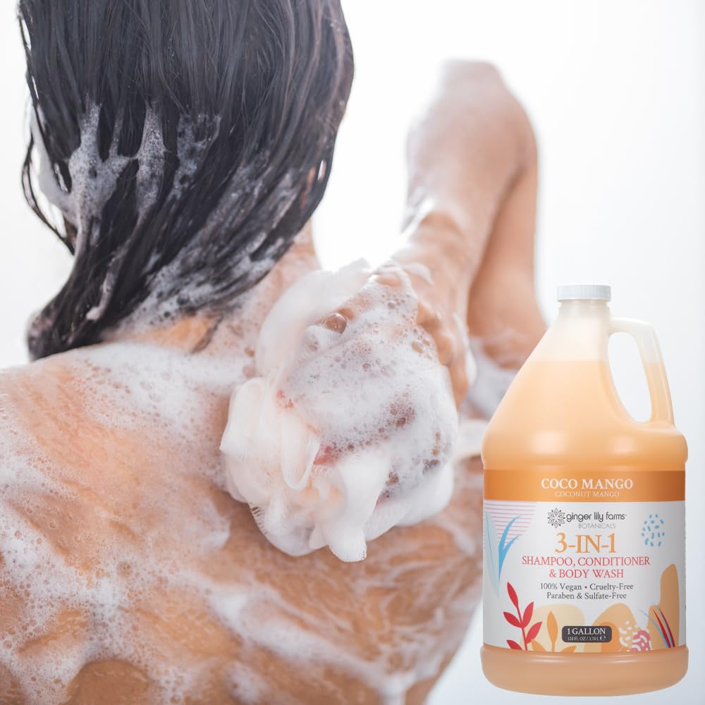 Ginger Lily Farms Botanicals 3-in-1 Shampoo, Conditioner & Body Wash, Coco Mango, 100% Vegan & Cruelty-Free, Coconut Mango Scent, 1 Gallon (Pack of 4)