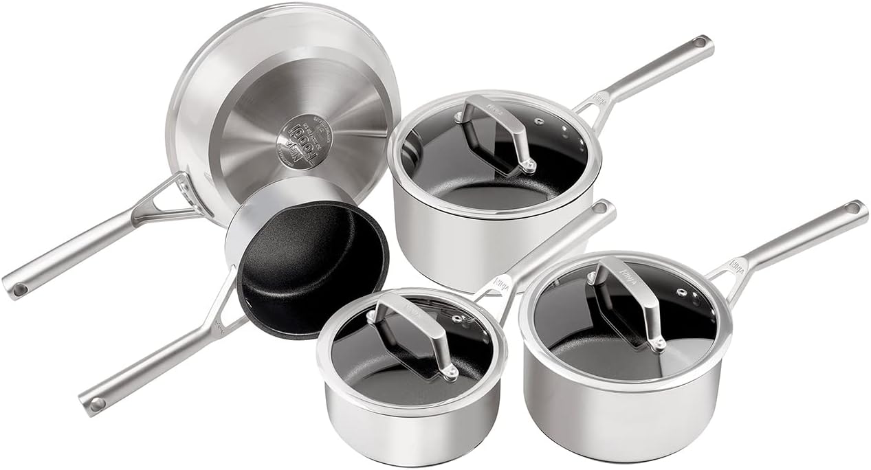 ZEROSTICK 5-Piece Pan Set, Long Lasting Non Stick,16cm, 18cm & 20cm Saucepans with oven-safe glass lids, 16cm Milk Pan, 24cm Frying Pan, Stainless Steel Cookware C6500UK