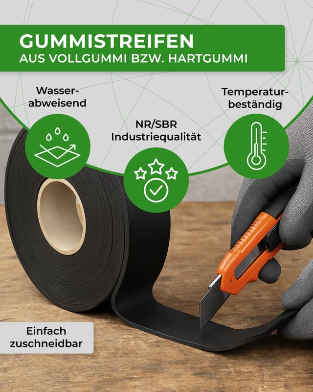 Diansa – Gummistreifen mit Gewebeeinlage Größe 4000 x 100 mm, Stärke 10 mm – Vollgummi Hartgummi Bodenbelag Meterware – Gummirolle in Industriequalität – Gummi-Bodenbelag faserverstärkt & robust