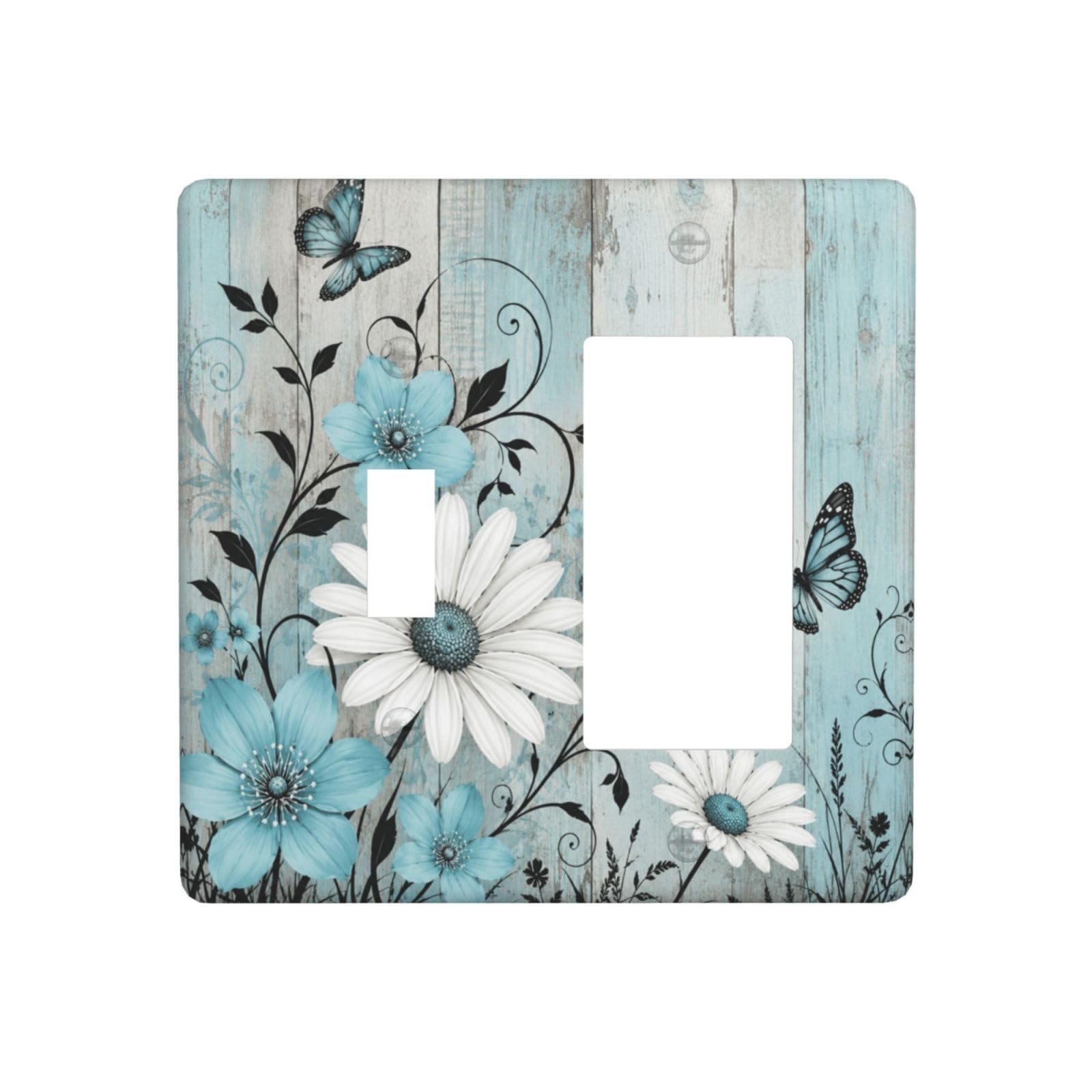 Dwbguo Decorative Outlet Covers Rustic Turquoise Daisy Butterfly 2-Gang 1-Gang Wall Plate Single Toggle/Rocker Vintage Wood Grain Floral Light Switch Covers Switch Plate Cover for Bedroom Home Decor