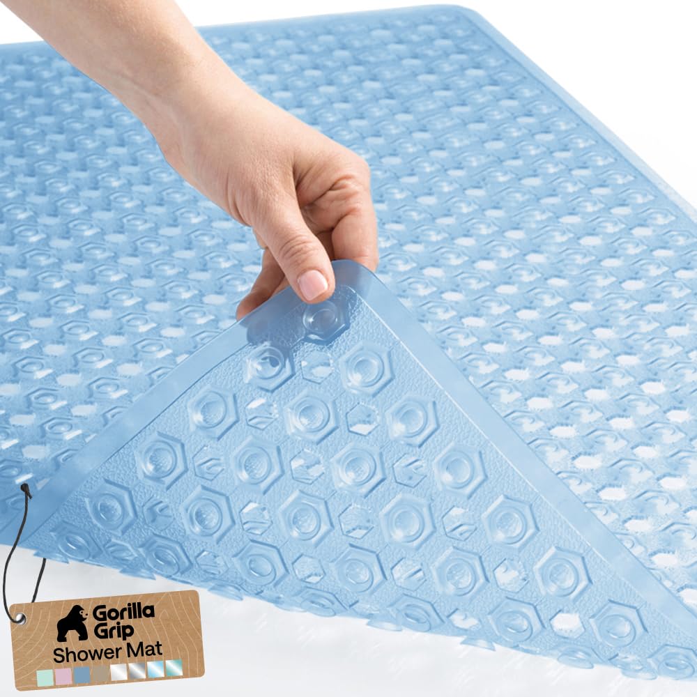Patented Bath Tub Shower Mat, 35x16 Washable Bathtub Floor Mats, Suction Cups and Drain Holes to Keep Tubs Clean, Blue