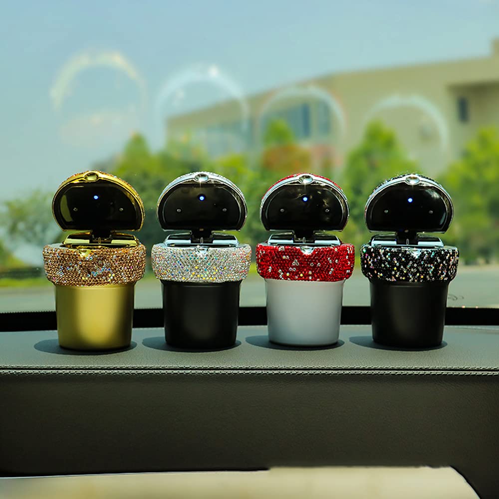 Cendrier De Voiture Bling Avec Strass Scintillants Et LED - Couvercle Anti-Odeur - Rouge Élégant