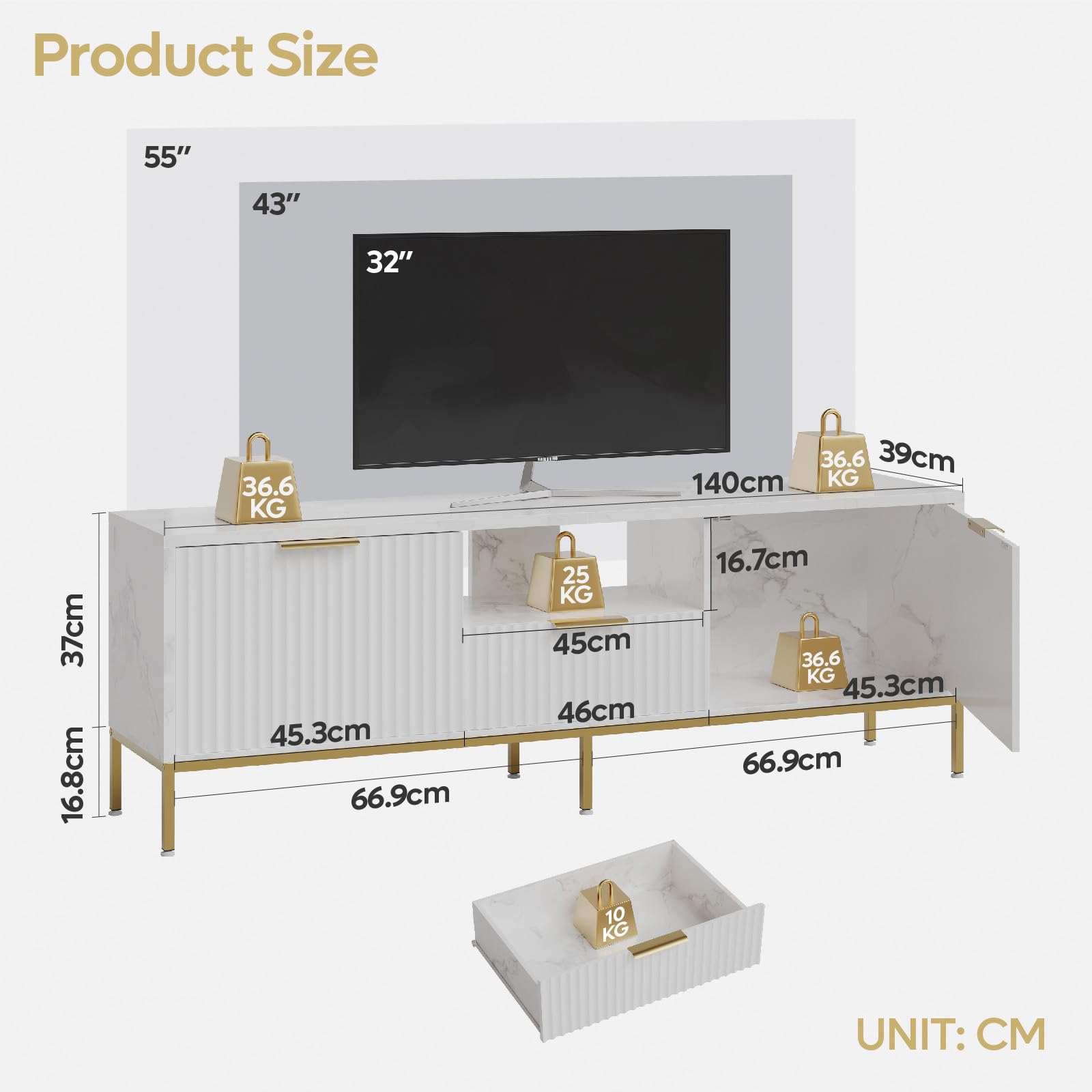 Bestier Mobile TV con superficie scanalata per TV da 32/60", moderno centro di intrattenimento con spazio di archiviazione, console multimediale con motivo ondulato per soggiorno e camera da letto