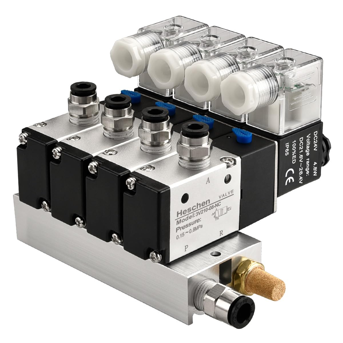 Heschen Elettrovalvola pneumatica elettrica 4, 3V210-08, DC24 V, PT1/4, 3/2 vie, kit di collegamento rapido silenziatore base collettore (4 stazioni)