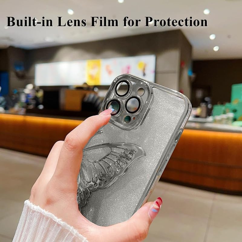 Image of MIDOS Thermoplastic Polyurethane Designed Compatible With iPhone 14 Pro Max Case With Glitter Cute Butterfly Plating Design Aesthetic Women Girls Cover For iPhone 14 Pro Max (Silver)
