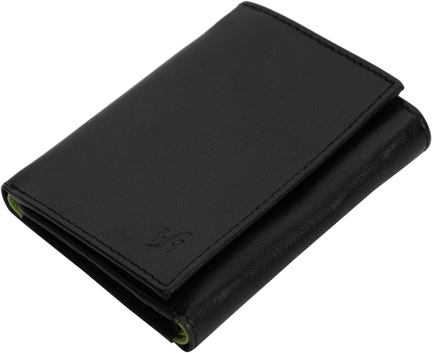 STARHIDE RFID Blocking Tall Genuine Goat Leather Trifold Zip Wallet Gift Boxed 615 (Black/Green)