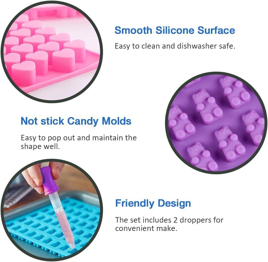 Miniatura 7 de Juego de 3 moldes de silicona para caramelos, dinosaurios, osos, formas de corazón con 2 goteros para gomitas, chocolate y golosinas caseras, sin