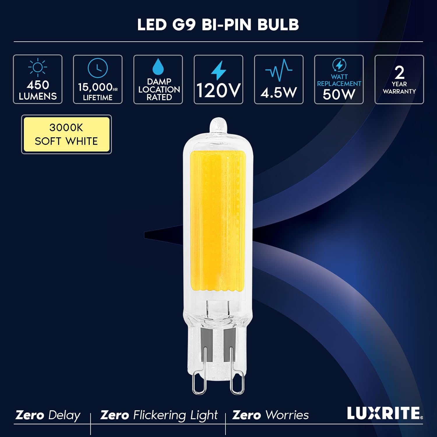 LUXRITE G9 LED Bulb Dimmable 4.5W, 50 Watt T4 G9 Halogen Equivalent, 3000K Soft White, 450 Lumens, Glass G9 Bi Pin Base, 320° Beam Angle, ETL Listed (5 Pack)