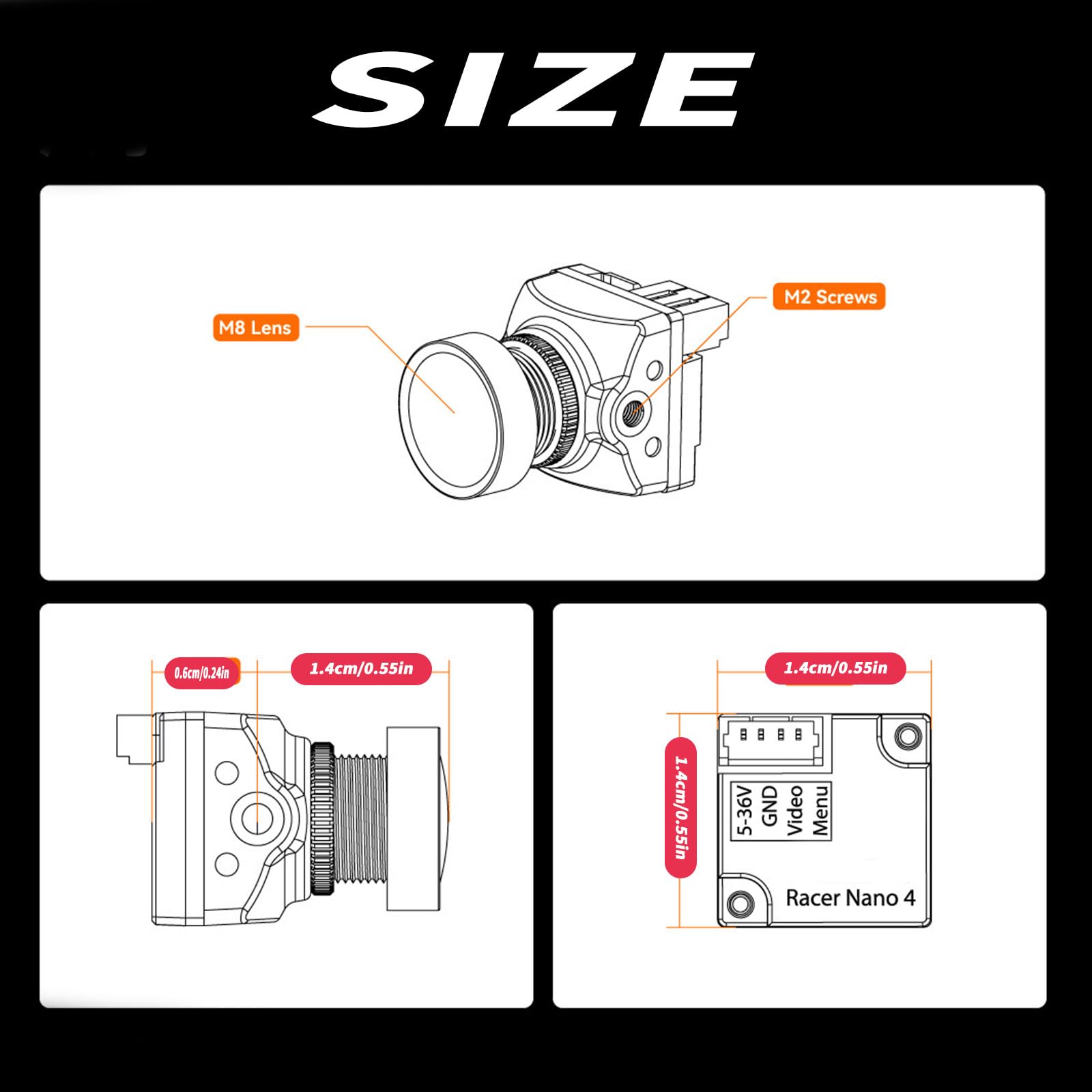 Nano4 - Videocamera da corsa in miniatura, 1200TVL, resistente alle intemperie | Alta risoluzione, alte prestazioni, resistente alle intemperie contro polvere e acqua, per voli all'aperto e fotografia