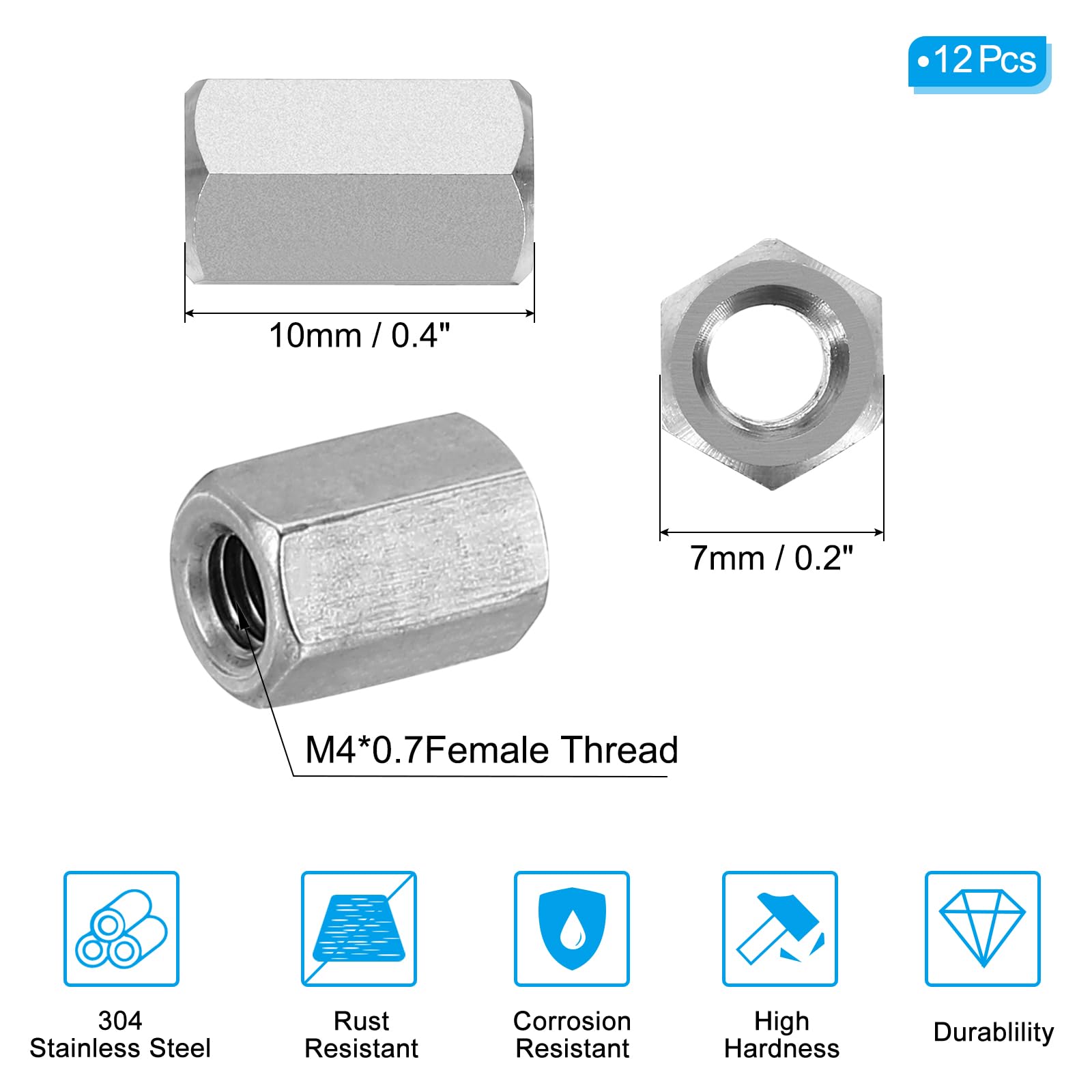 PATIKIL M4 x 0.7-Pitch 304 Stainless Steel Hex Coupling Nuts - Image 2