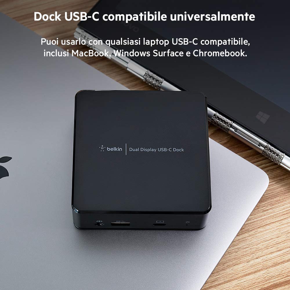 Belkin Docking station con doppio display USB-C (alimentazione da 85 W, HDMI, USB-A 3.1 Gen 1, USB-C, Gigabit Ethernet, ingresso/uscita audio per MacBook, XPS e altri laptop USB C), nera