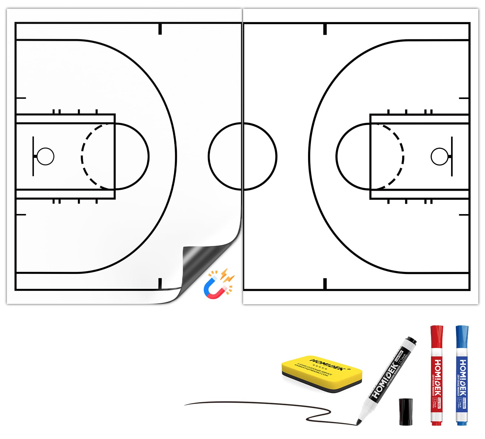 HOMiDEK 2 Piece Large Magnetic Backing Dry Erase Coaching Sheet for Whiteboard, Basketball, Soccer, Football, Hockey Tactics White Board for Coaches