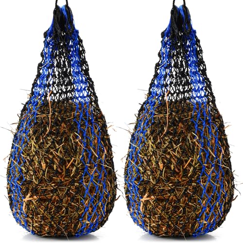 Wesnoy 2 Pcs Slow Feed Hay Bag 36 Inch Ultra Slow Hay Feeders 1.5 x 1.5 Inch Holes Hay Nets for Horses Goat Livestock Horse Supplies, Black and Blue