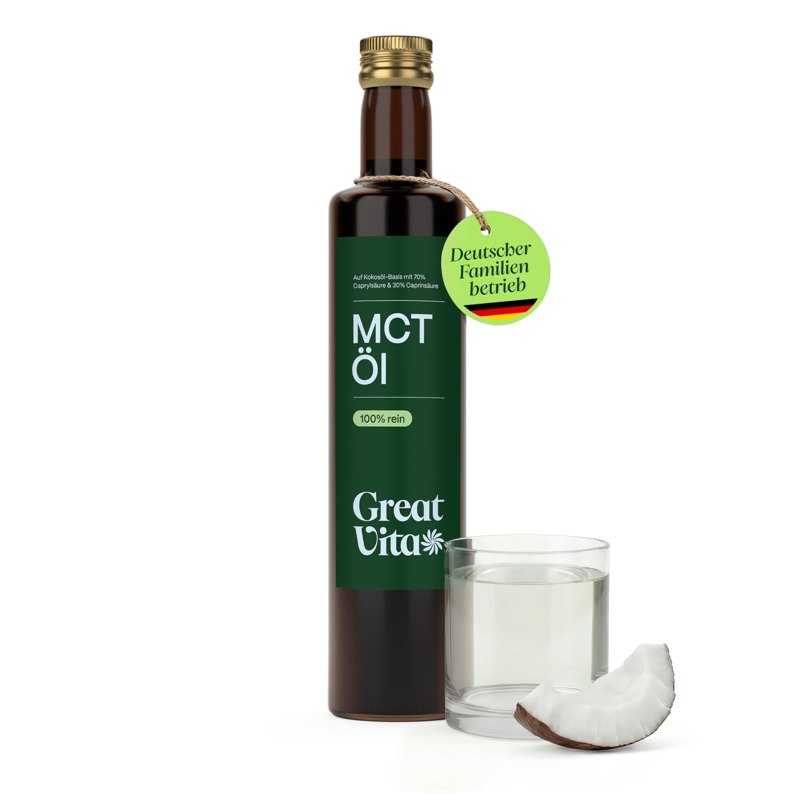 GreatVita MCT Öl auf Kokosölbasis 500ml | C8 & C10 Fettsäuren, Premium Qualität - 70% Caprylsäure & 30% Caprinsäure - Aufdruck kann variieren