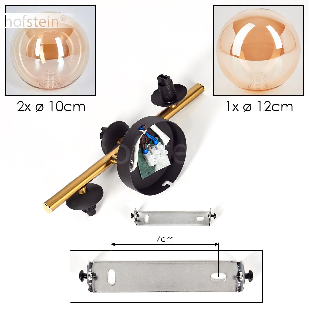 Lampada da soffitto Chehalis, lampada da soffitto in metallo/vetro nero/oro/ambra, design retrò/vintage con ombrelli in vetro (Ø 10 e 12 cm), 3 LED G9, senza lampadina