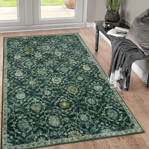 KILOCOCO 3x5 Moroccan Super Soft Area Rug Washable Living Room, Vintage Floral Rug Indoor Non-Slip, Print Faux Wool Accent Indoor Entryway Rug for Laundry Playroom Office, Dark Green