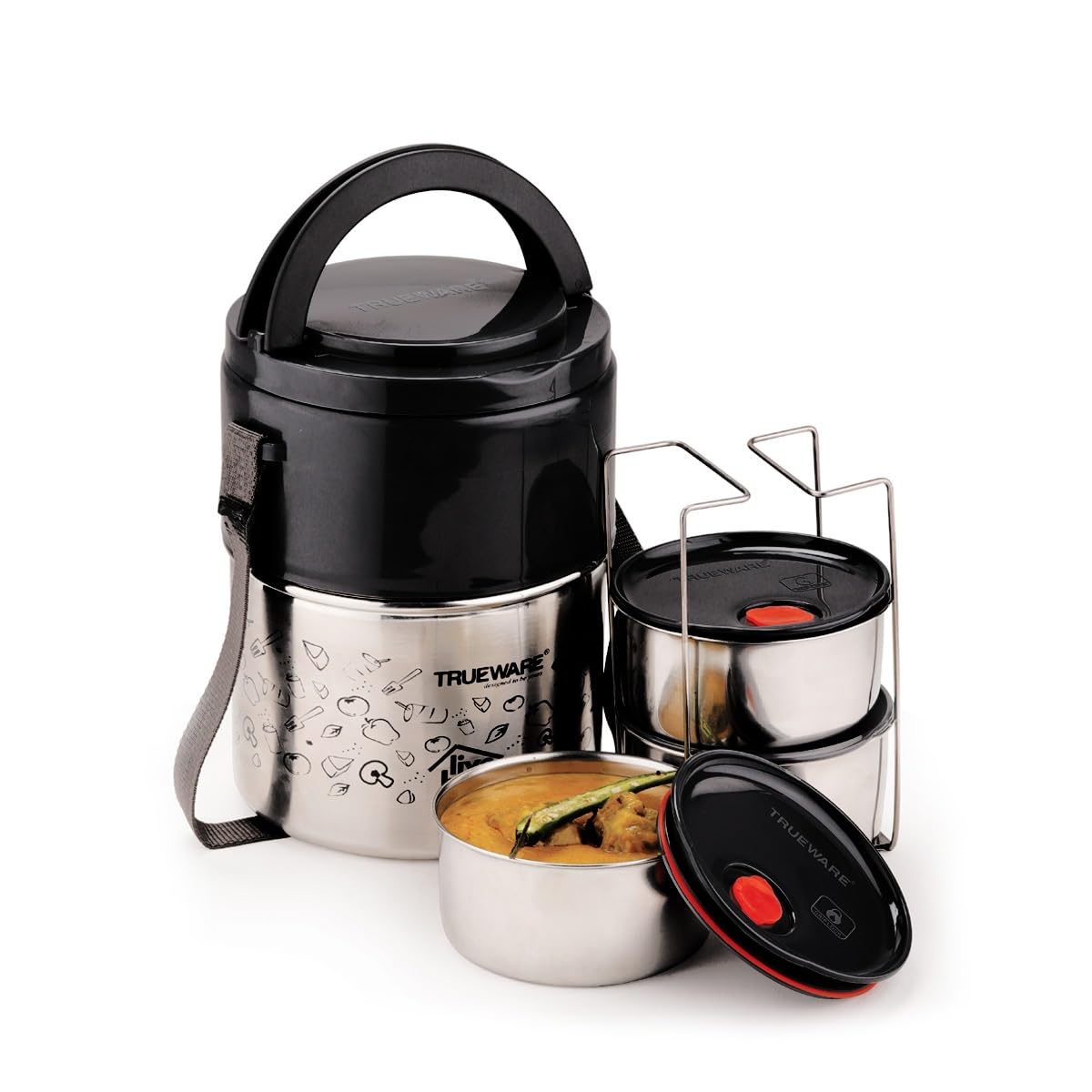 Trueware Steelex 3 Lunch Box with 3 Stainless Steel Container,300ml X3 | Black | PU Insulated | Lunch Box |Tiffin | Hot Lunch Box | Leak Proof | Food Grade | BPA Free | Office | for Men, Women (B0CVN62XSW) Amazon Price History, Amazon Price Tracker