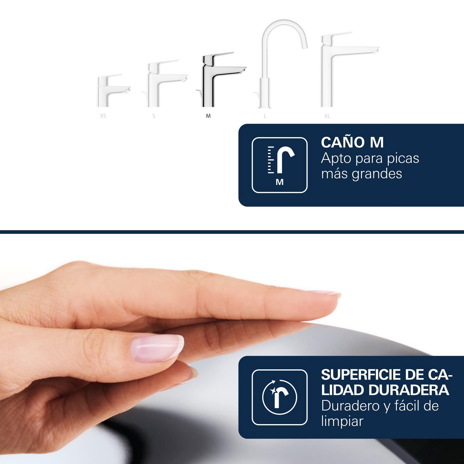 GROHE Dice - Grifo de lavabo de cuerpo liso con desagüe Push-Open, Talla M, cartucho cerámico 28 mm, bajo caudal para ahorro de agua, latiguillos 3/8", QuickTool, Cromado, 1018350000