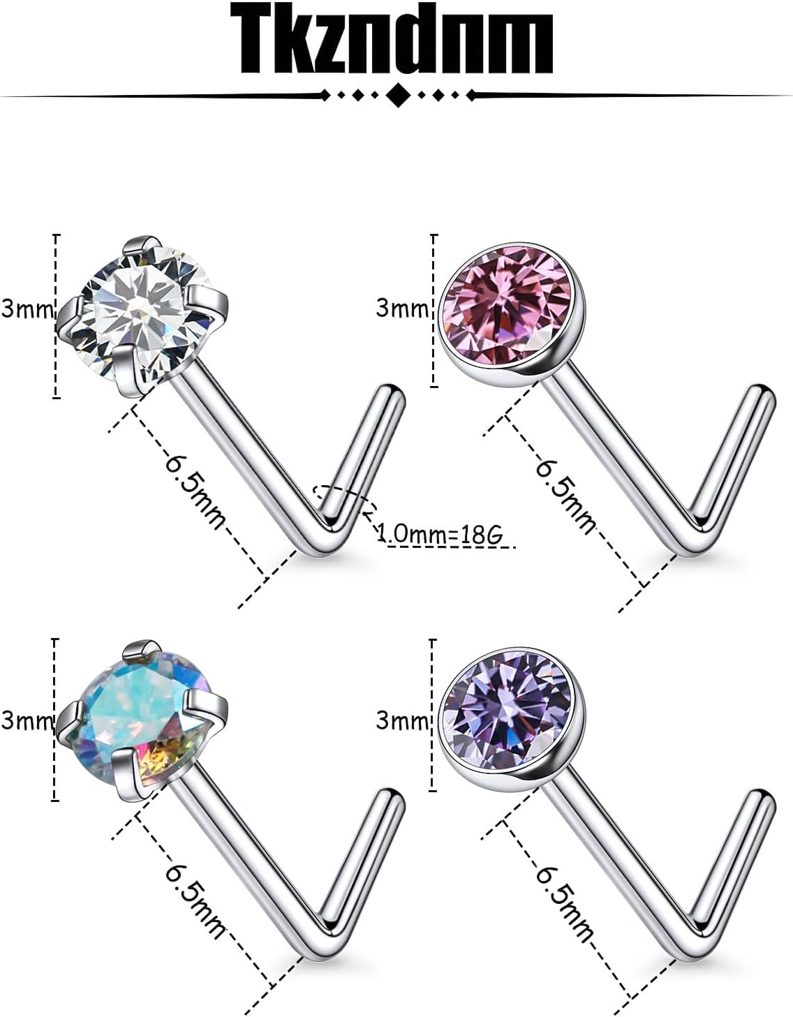 F136 Titanium 20/18g Nose Rings Studs Piercings Jewelry for Women Men Nostril Straight Bone Bar 3mm Diamond Hypoallergenic - Image 3