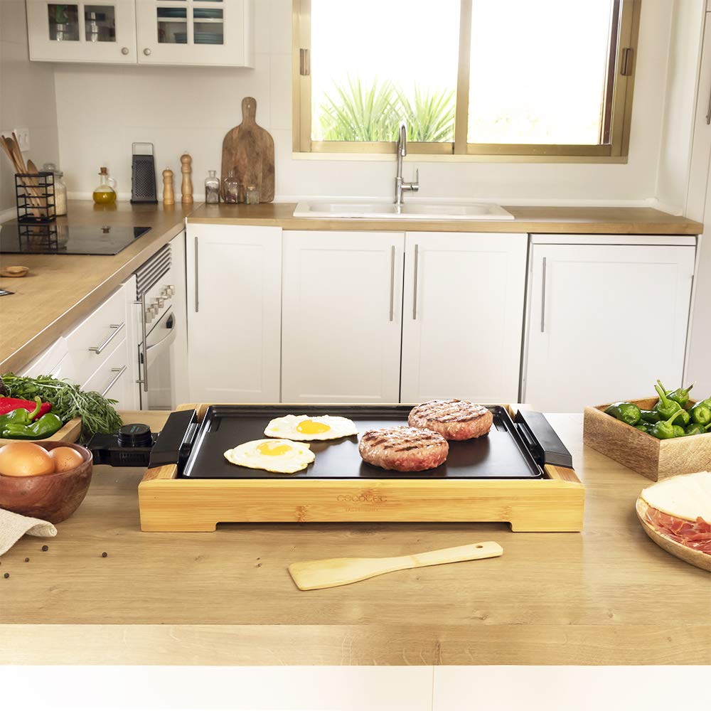 Cecotec Elektrische Grillplatte Tasty&Grill 2000 Bamboo. 2000 W, Bambusstruktur, Einstellbarer Thermostat, Antihaftbeschichtete Fläche, Aluminiumgussbeschichtung, Spülmaschinenfest