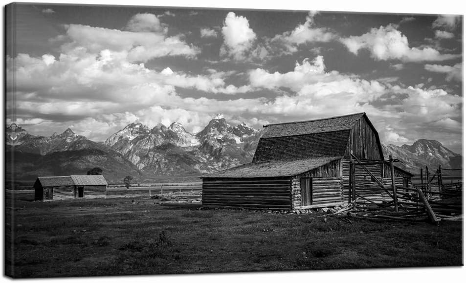 LevvArts Grand Teton National Park Picture Canvas Wall Art Black and White Moulton Barn Poster Prints USA Landscape Wyoming Canvas Artwork for Home Living Room Decor Framed Ready to Hang
