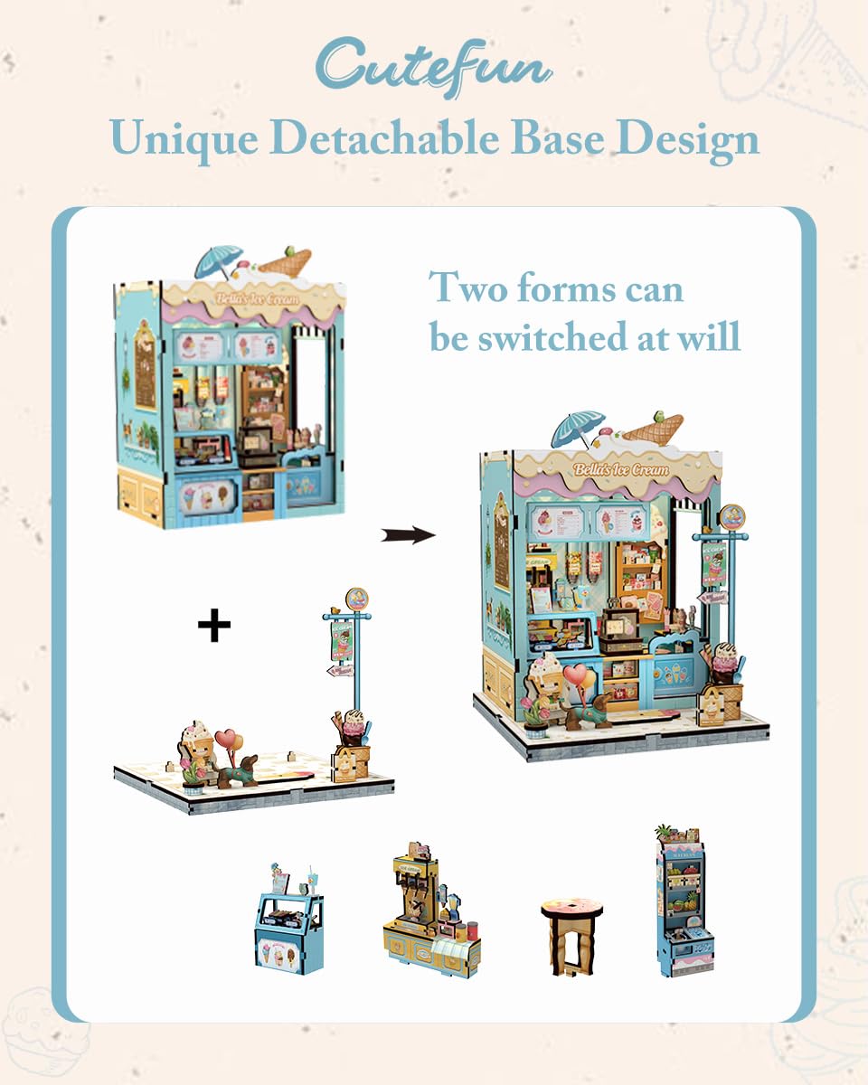 Cutefun Book Nook Kit - Mini Case delle bambole con Luci LED - Modellino Fai da Te per Decorare Librerie - Idea Regalo Unica per Appassionate di Puzzle(Bella‘s Ice Cream)